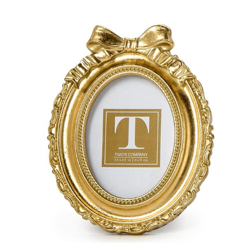 Oval Vintage Gold Mini Photo Frame with Accent Bow - White Farmhouse Flowers