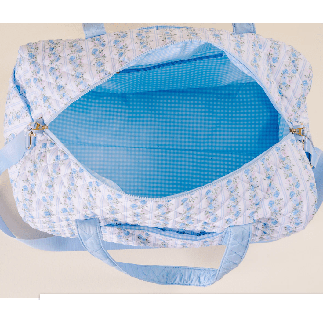 Petal Parade Blue On - the - Go Quilted Weekender Bag - White Farmhouse Flowers