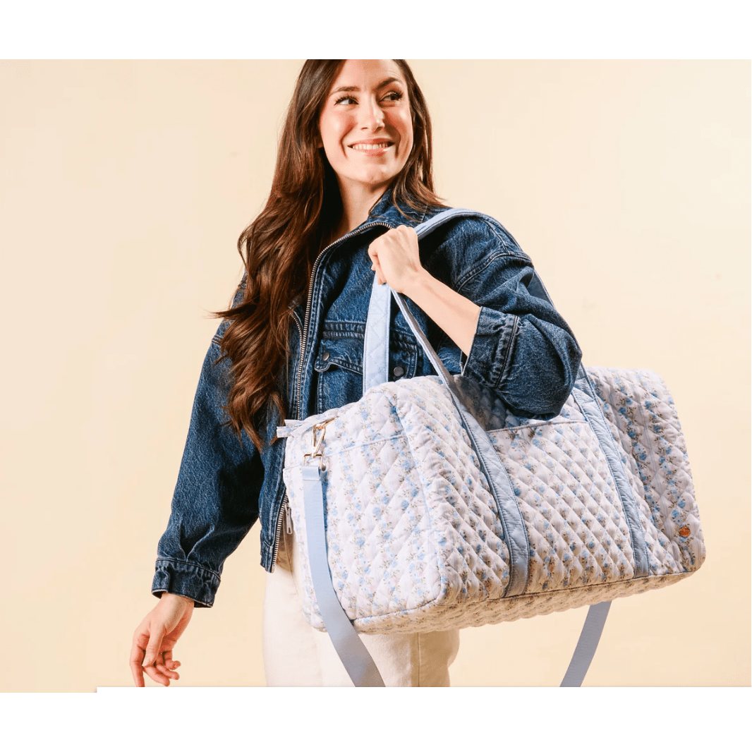 Petal Parade Blue On - the - Go Quilted Weekender Bag - White Farmhouse Flowers