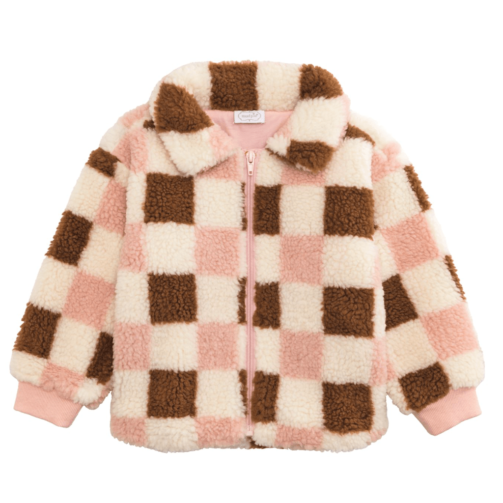 Pink and Brown Check Sherpa Sherpa Toddler Jacket - White Farmhouse Flowers