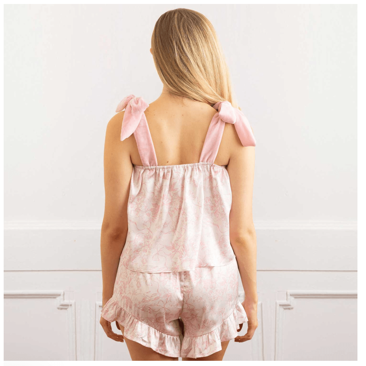 Pink Bow Toile Tie Top PJ Satin Ruffle Short - White Farmhouse Flowers