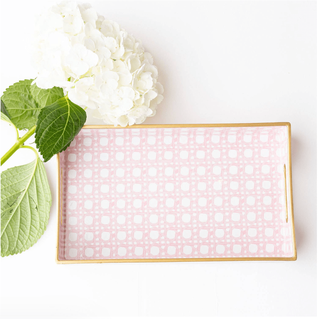 Pink Cane Vanity Tray - White Farmhouse Flowers