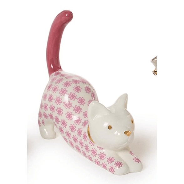 Pink Cat Ceramic Ring Holder - White Farmhouse Flowers