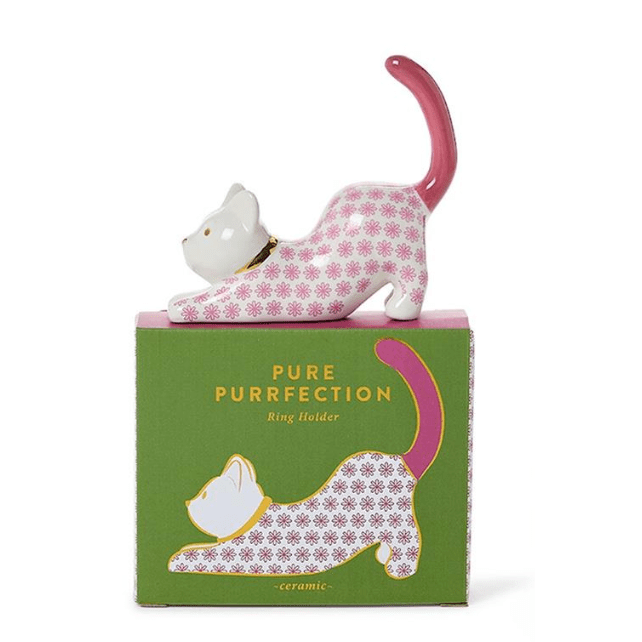 Pink Cat Ceramic Ring Holder - White Farmhouse Flowers