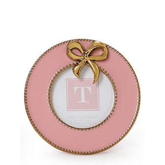 Pink Enamel Mini Frame with Gold Metal Bow Accent - White Farmhouse Flowers