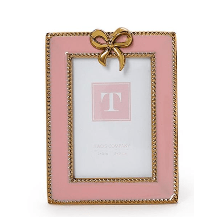 Pink Enamel Mini Frame with Gold Metal Bow Accent - White Farmhouse Flowers