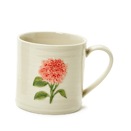 Pink Hydrangea Mug with Embossed Hand - Painted Flower - White Farmhouse Flowers