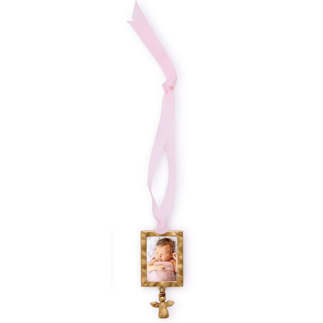 Pink Ornament Photo Frame with Angel Charm - White Farmhouse Flowers