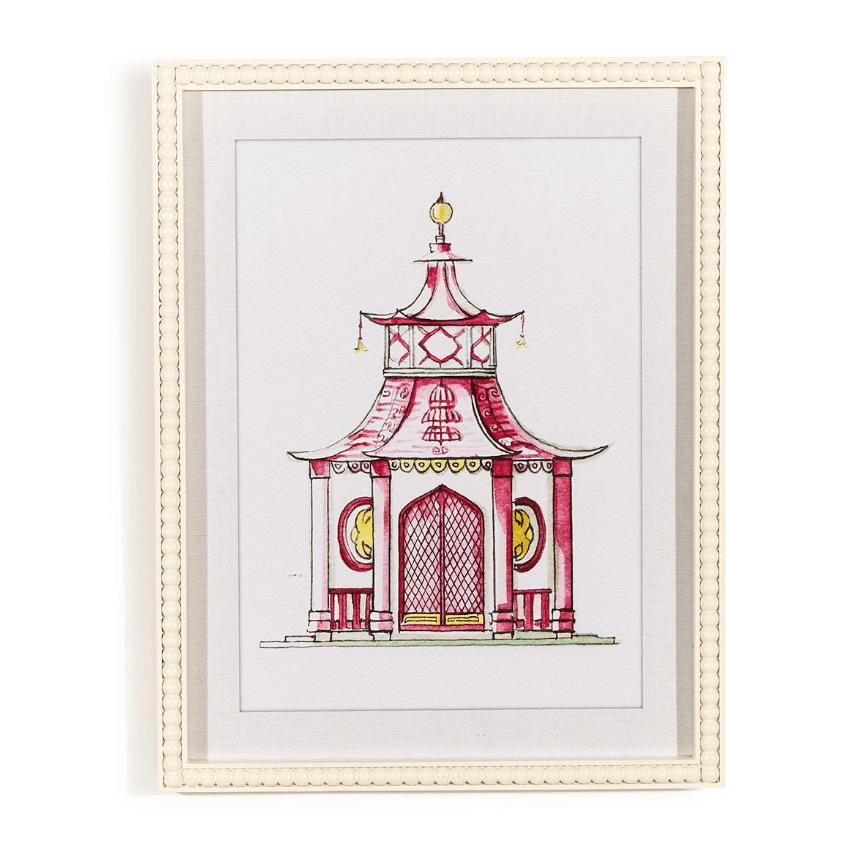 Pink Pagoda White Beaded Framed Wall Art Print - White Farmhouse Flowers