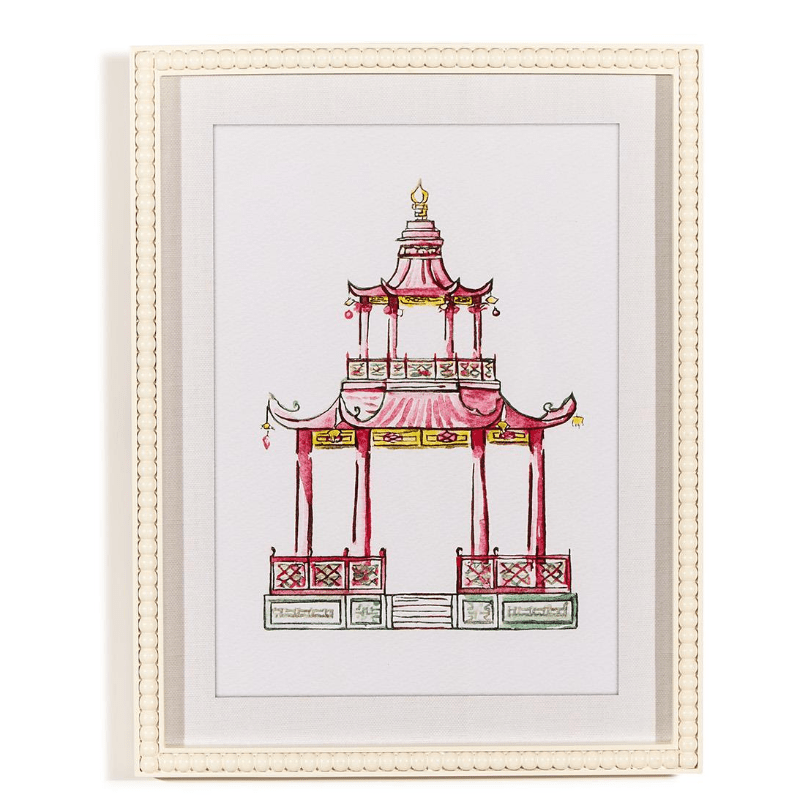 Pink Pagoda White Beaded Framed Wall Art Print - White Farmhouse Flowers