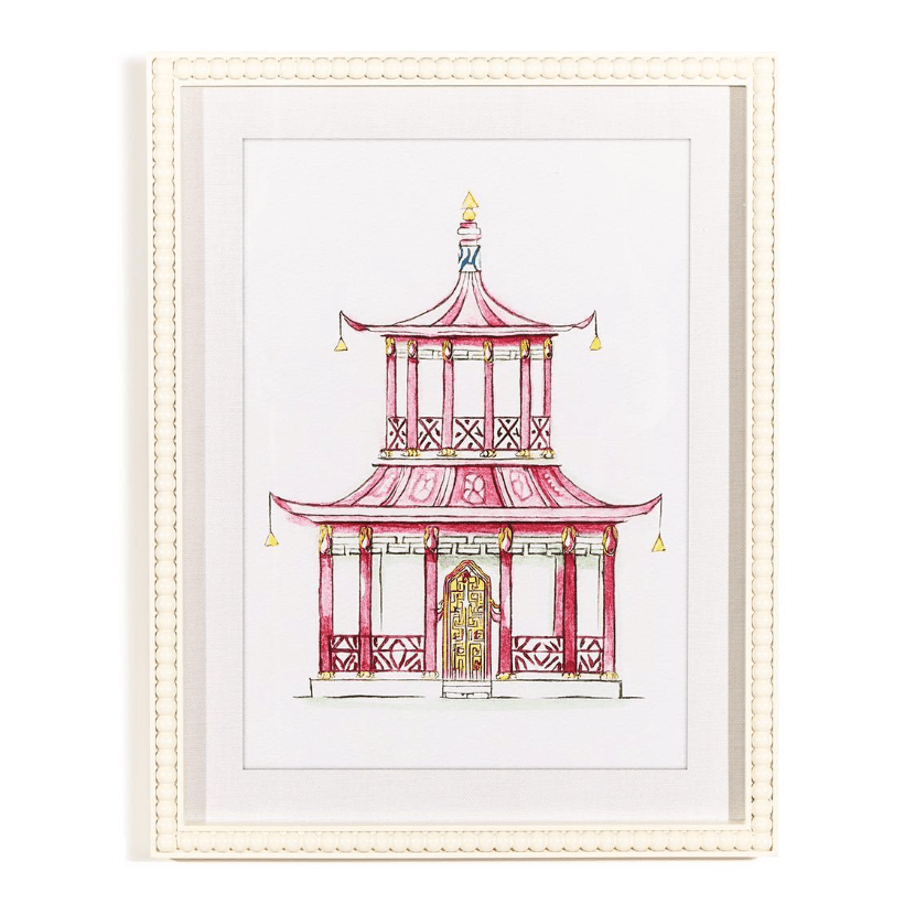Pink Pagoda White Beaded Framed Wall Art Print - White Farmhouse Flowers