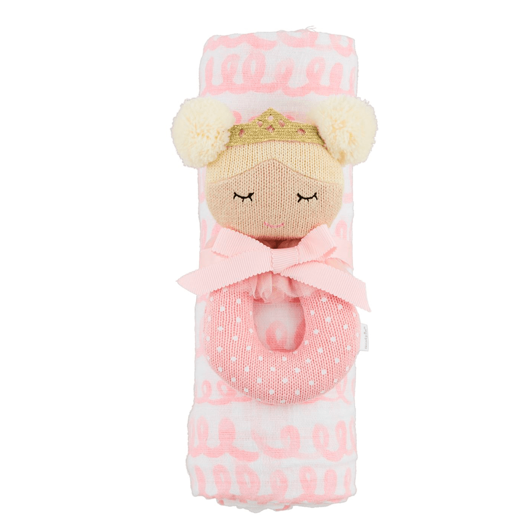Pink Swirl Swaddle & Blonde Doll Rattle Set - White Farmhouse Flowers