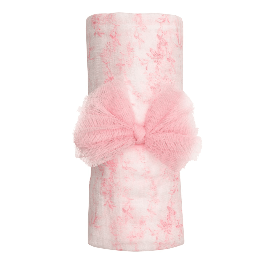 Pink Toile Swaddle and Headband Set - White Farmhouse Flowers