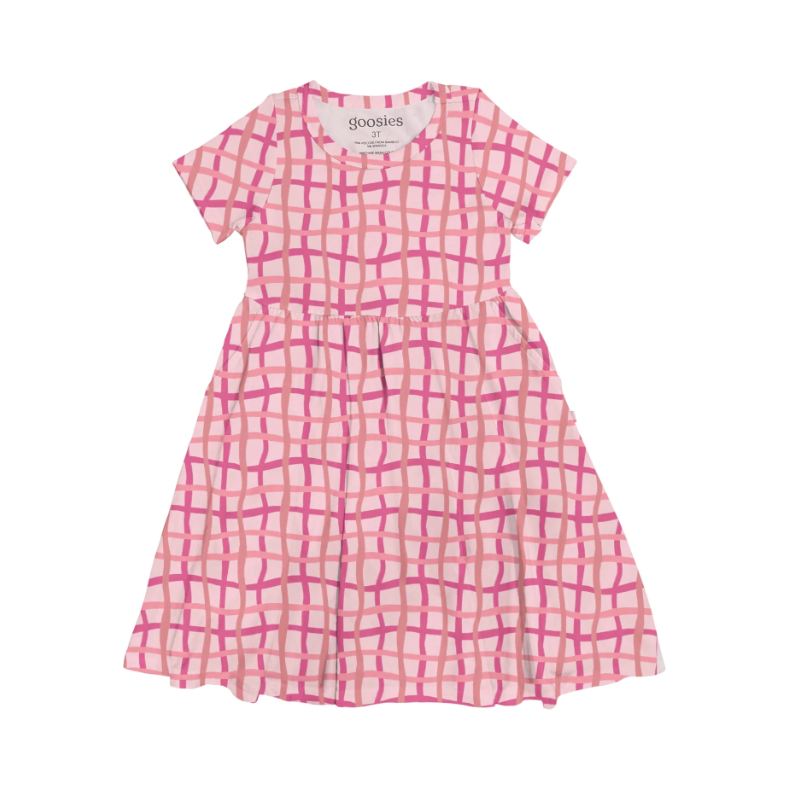 Pink Wavy Plaid Short Sleeve Dress