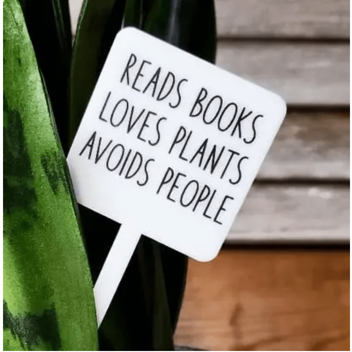 Reads Books Loves Plants Avoids People Plant Marker Stake - White Farmhouse Flowers