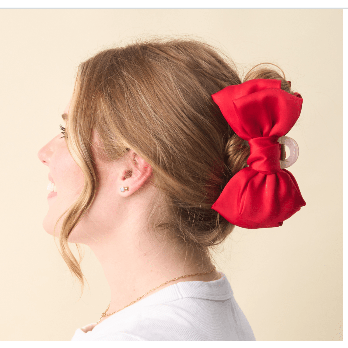 Red Satin Bow Claw Clip - White Farmhouse Flowers