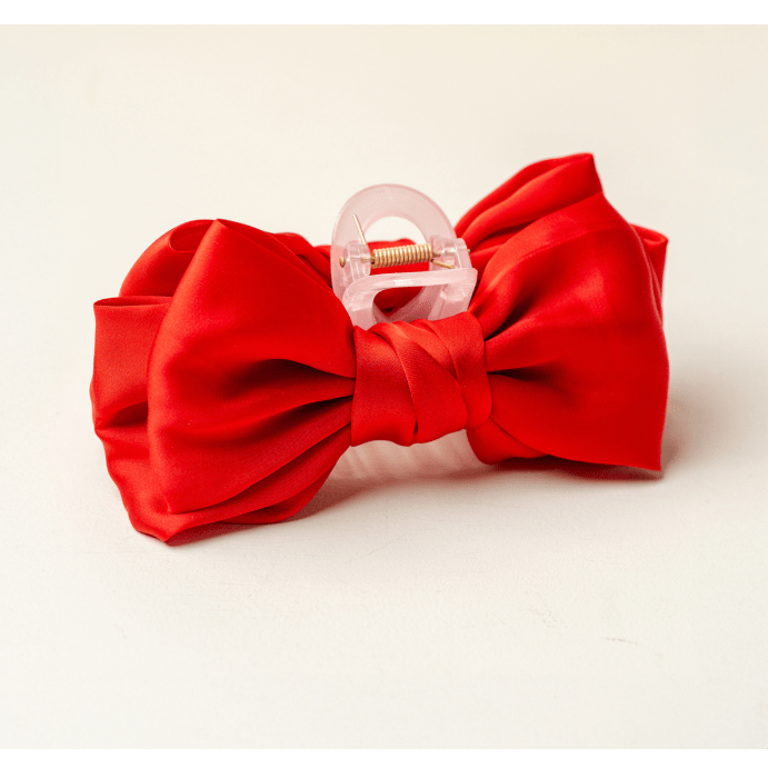 Red Satin Bow Claw Clip - White Farmhouse Flowers