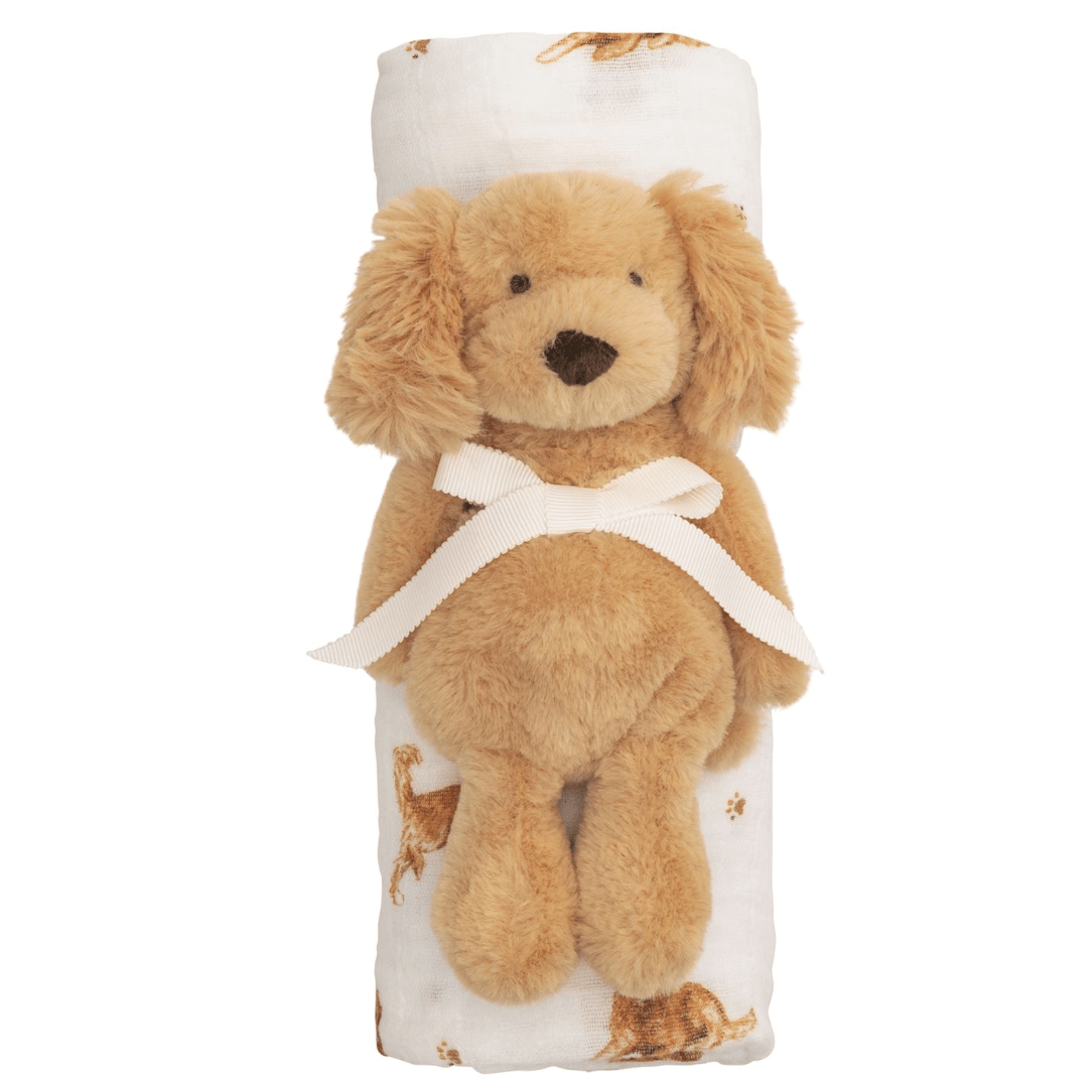 Retriever Swaddle and Rattle Set - White Farmhouse Flowers