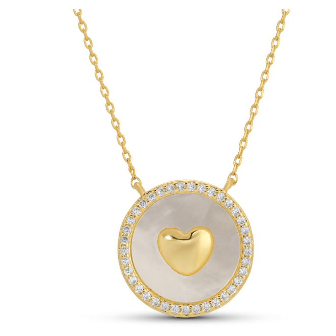 Round Pave Lined Shell Pendant with Heart Necklace - White Farmhouse Flowers