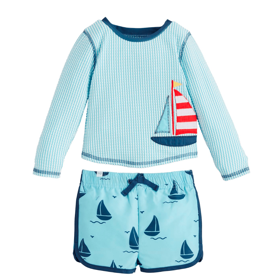 Sailboat Rash Guard & Swim Trunks Set - White Farmhouse Flowers