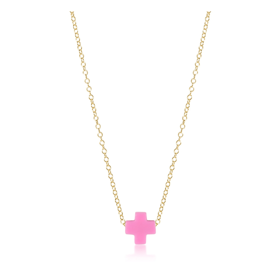 Signature Cross Bright Pink 16" Necklace Gold - White Farmhouse Flowers