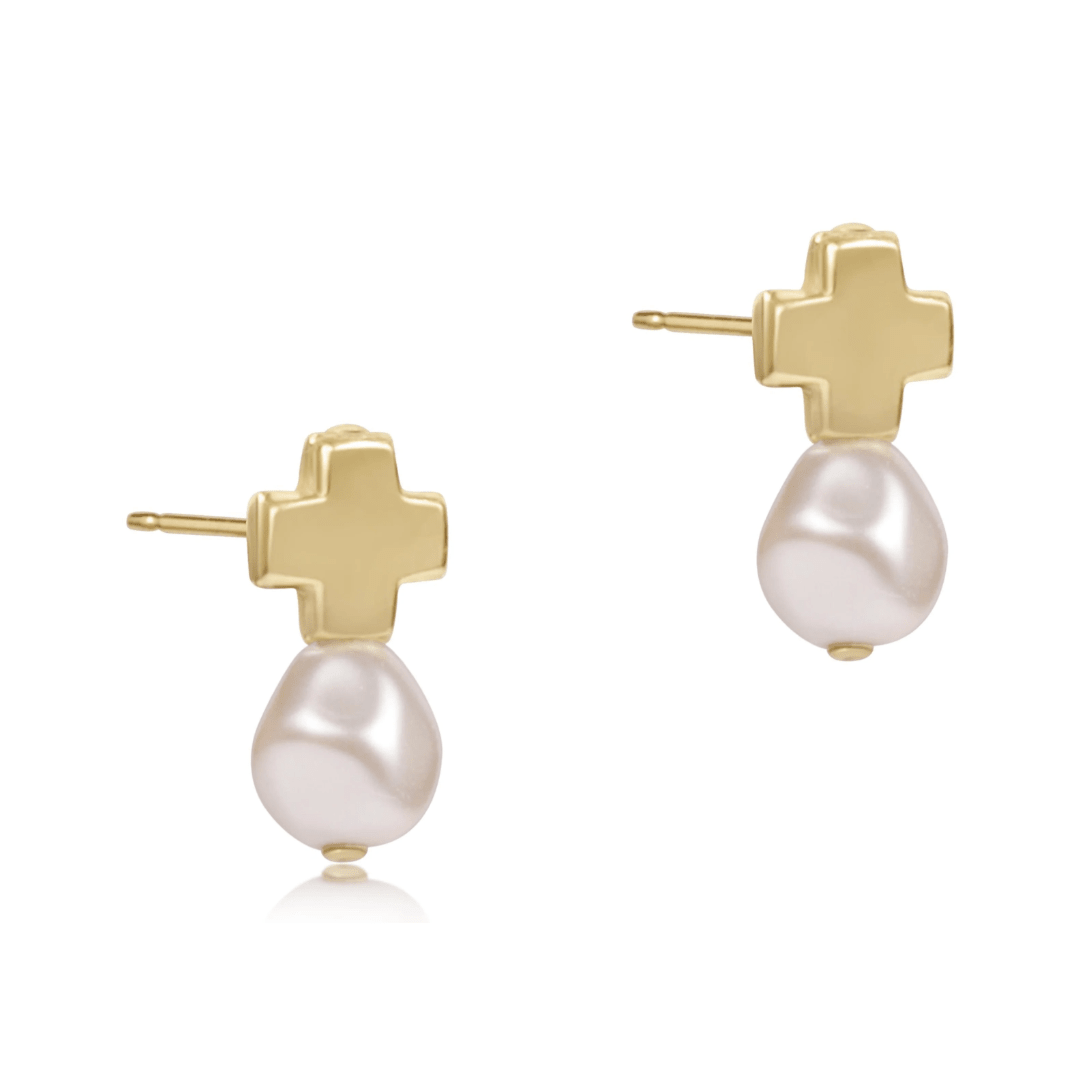 Signature Cross Gold Stud - Classic Pearl Earrings - White Farmhouse Flowers