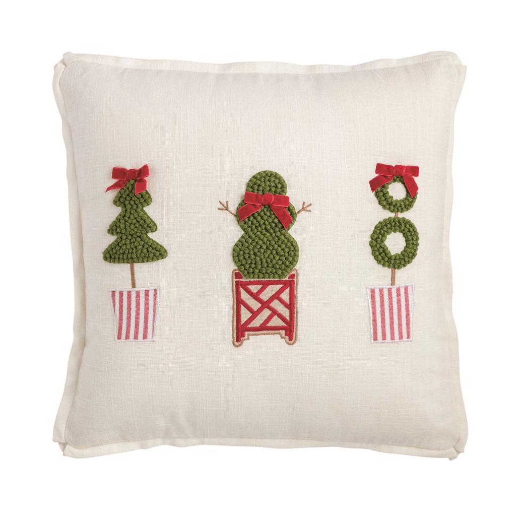 Square Christmas Topiary Pillow - White Farmhouse Flowers