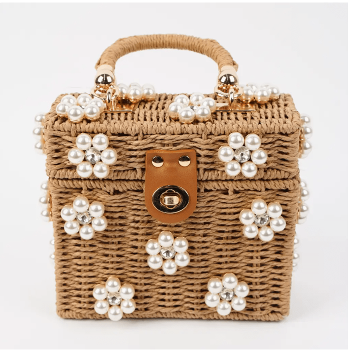 Tan Brown with Pearl Daisy Wicker Bucket Purse - White Farmhouse Flowers