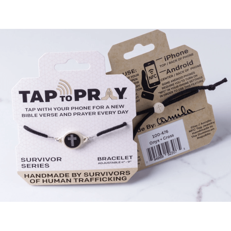 Tap To Pray Survivor Series Bracelet Round Onyx + Cross - White Farmhouse Flowers