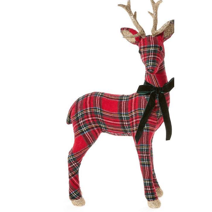 Tartan Deer with Velvet Bow and Glitter Accents - White Farmhouse Flowers