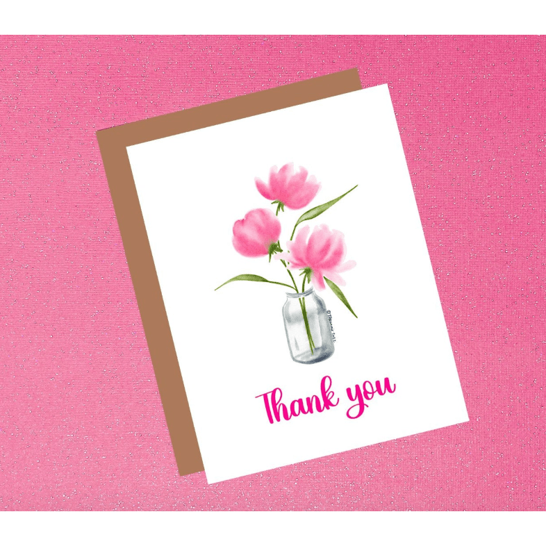 Thank You Pink Peonies Watercolor Greeting Card - White Farmhouse Flowers