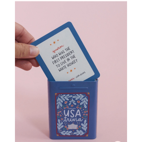 USA Trivia Game - Deck of Cards + Storage Tin - White Farmhouse Flowers