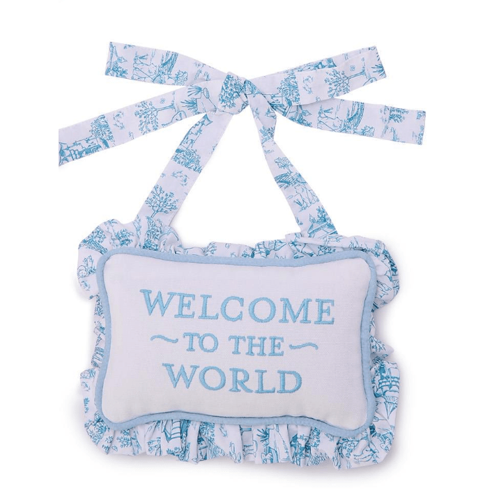 Welcome to the World Blue Embroidered Ruffle Pillow - White Farmhouse Flowers