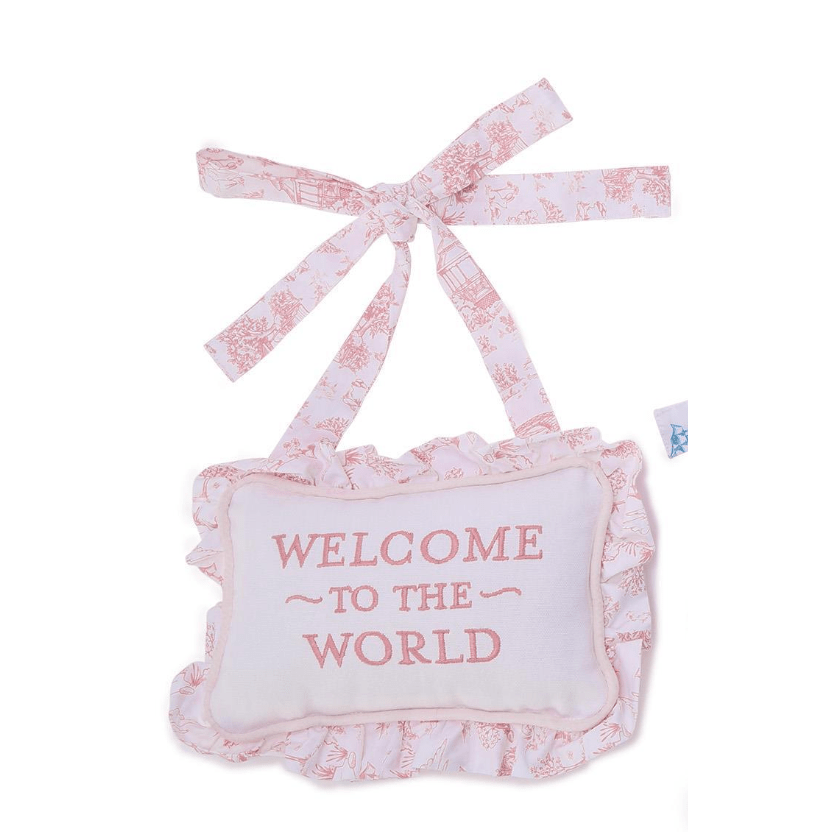 Welcome to the World Pink Embroidered Ruffle Pillow - White Farmhouse Flowers