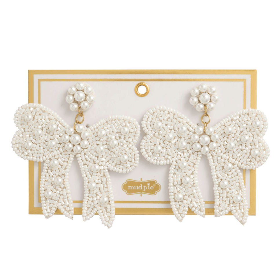 White Bow Beaded Earrings - White Farmhouse Flowers