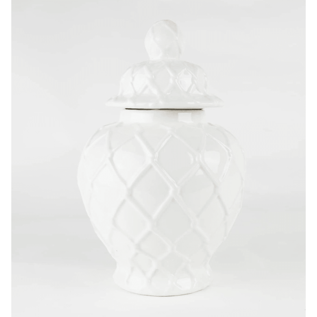 White Large Textured Ginger Jar - White Farmhouse Flowers