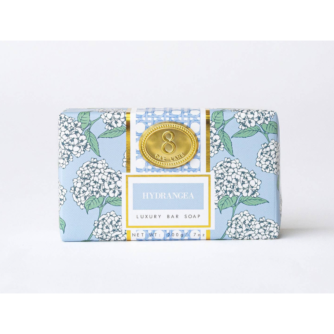 Luxury bar soap with hydrangea design packaging on a white background
