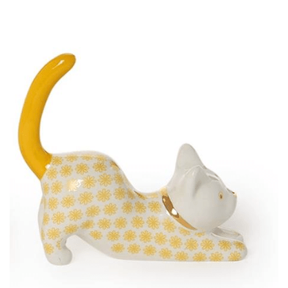Yellow Cat Ceramic Ring Holder - White Farmhouse Flowers