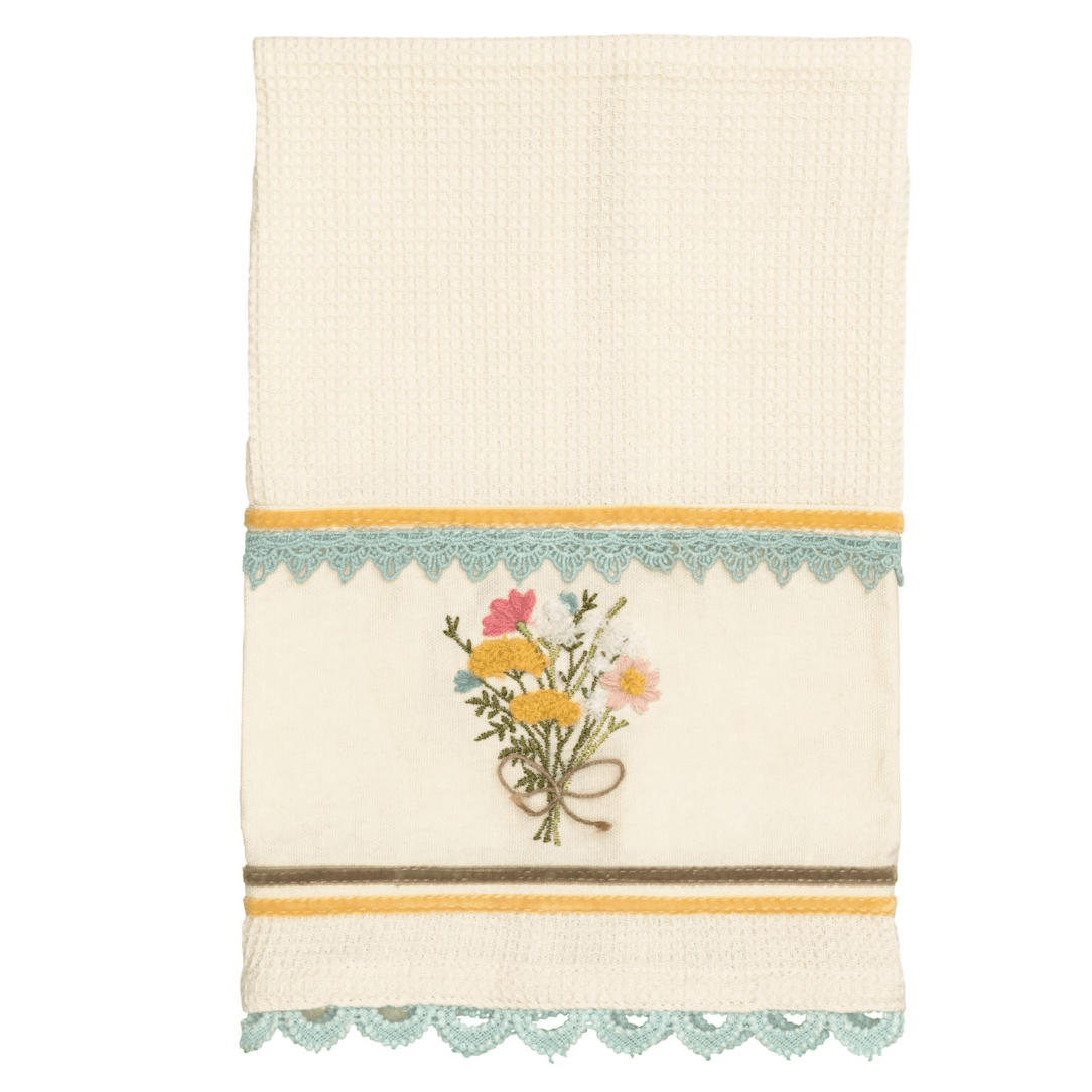 Yellow Floral Embroidered Waffle Towel - White Farmhouse Flowers
