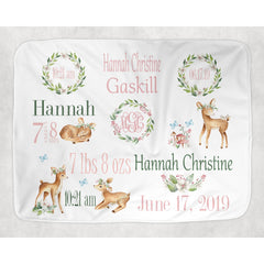 Personalized Baby Deer Theme Baby Blanket for Baby Girl Includes Birth Information