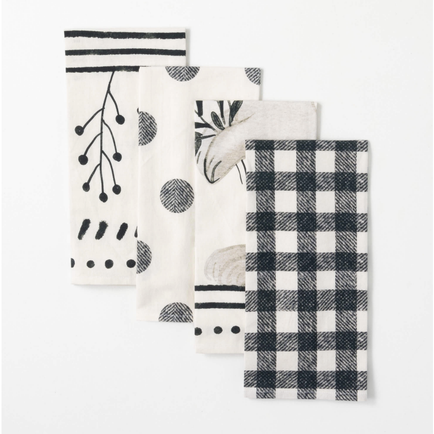 Black White Print Tea Towel Set - Plaid, Polka Dot, Floral, Bunny Designs