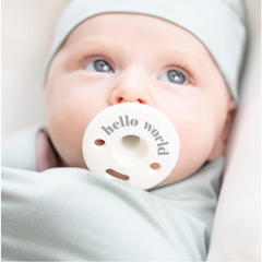 Hello World Bubbi Pacifier with baby