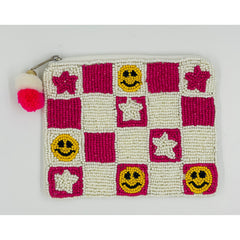 Checkerboard Stars and Smiles Beaded Coin Purse.