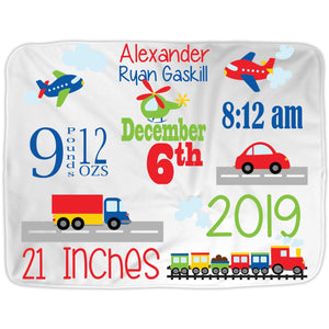 Personalized Baby Blanket for Baby Boy with Trucks, Airplanes and Cars
