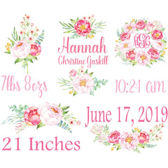 Personalized Peony Themed Baby Blanket for Baby Girl Includes Birth Information