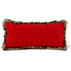 Red Cable Knit Pillow with Brown Fur.