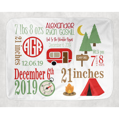 Personalized Camp Theme Baby Blanket for Baby Boy Includes Birth Information