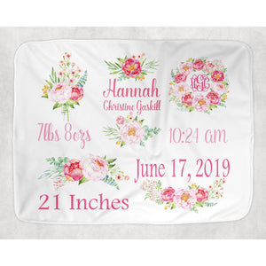 Personalized Peony Themed Baby Blanket for Baby Girl Includes Birth Information