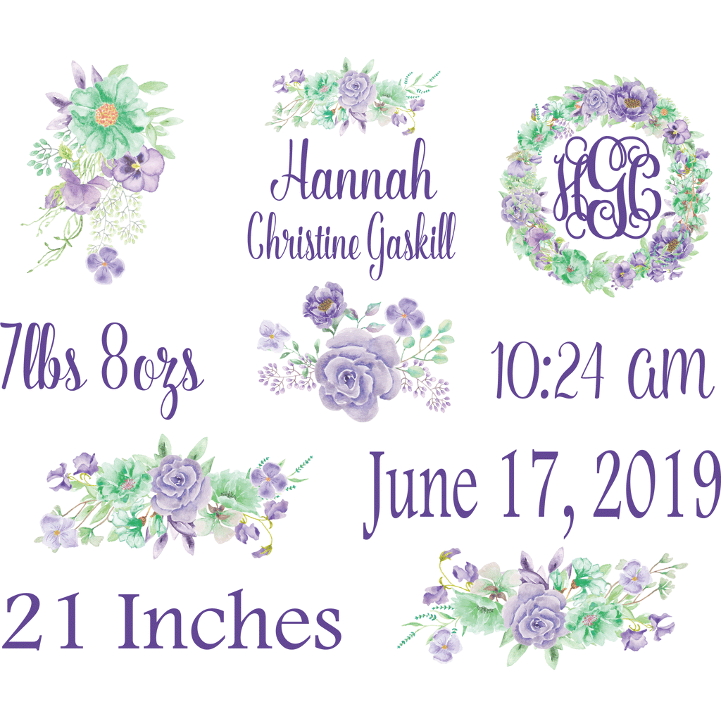 Personalized Purple Flower Themed Baby Blanket for Baby Girl Includes Birth Information